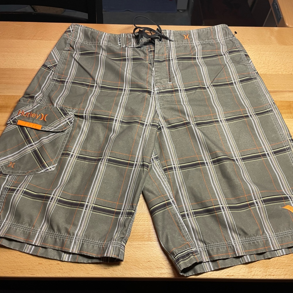 Hurley Men's Plaid Swim Shorts with Orange Accents